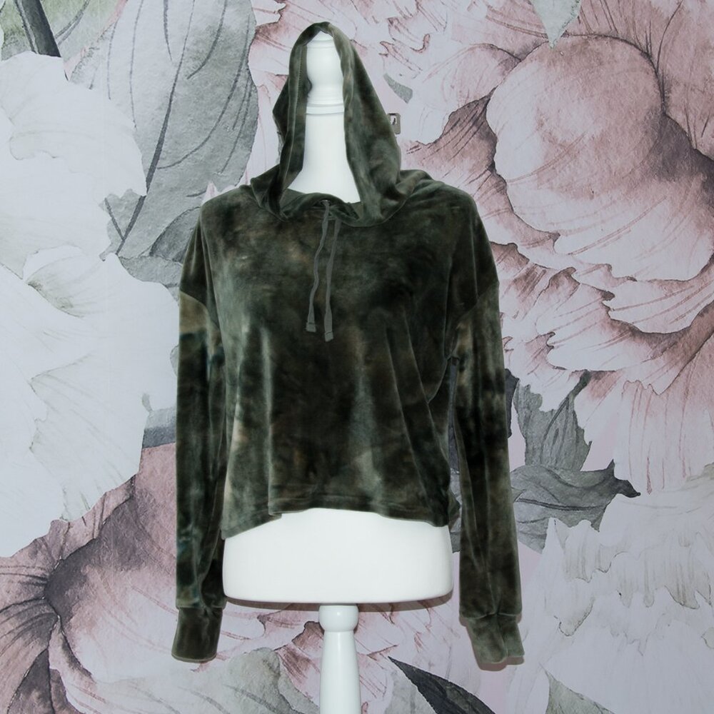 Eye Candy Green, Tan, Earth Tones Velvet/ Velour Tie-Dye Crpped Hoodie - L